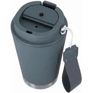 A drink bottle in grey with a lid and a strap, featuring a silver base and a simple logo.
