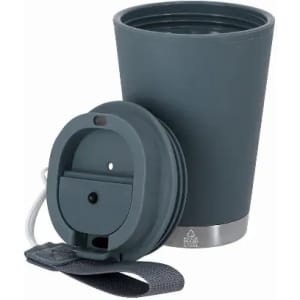 A drink bottle in dark grey with a removable lid and strap, featuring a stainless steel base.