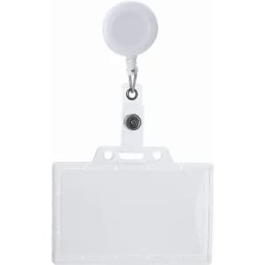 A clear badge holder with a retractable clip and white reel for easy attachment and display.