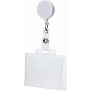 A retractable badge holder with a clear plastic ID card slot and a white round reel.
