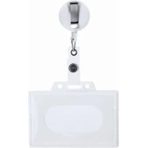 A clear badge holder with a retractable clip and a round silver button. Ideal for storing identification cards.