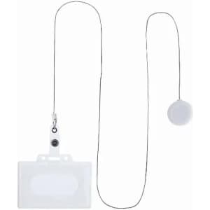 A lanyard with a retractable badge holder. The holder is clear and the lanyard is silver.