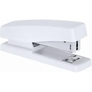A white stapler with a smooth design and a metallic mechanism for fastening papers together.