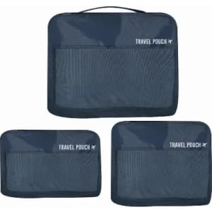 A set of navy travel pouches with mesh front sections, featuring a handle on the top pouch.