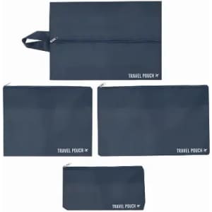 A set of four navy travel pouches in various sizes, each featuring a zipper and a logo on the front.