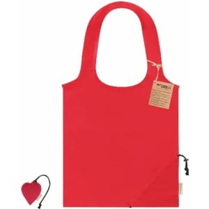 A red reusable tote bag with a heart-shaped pouch attached for easy storage. The bag features a logo.