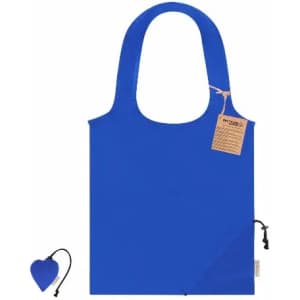 A blue reusable tote bag with a matching pouch for storage. The bag features a sturdy handle and a small branding logo.