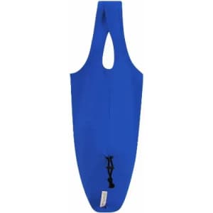 A drink bottle holder in bright blue with a rounded top and an opening for easy carrying. It has a logo on it.