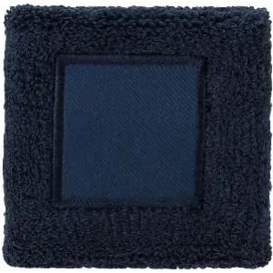 A plush navy blue square cloth with a textured border and a smooth central panel, featuring a simple logo.