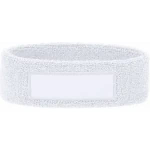 A wristband in white with a textured surface, featuring a blank section for personalisation.