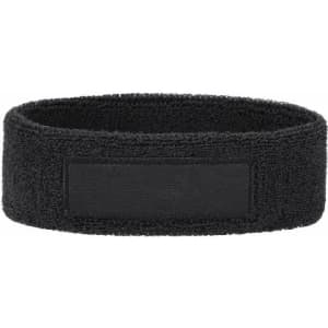 A black wristband made of a textured fabric with a blank rectangular section.