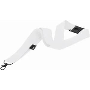 A white strap with a loop and clasp attachment, designed for securing items. Features a logo tag.
