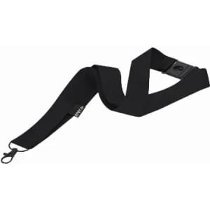A black drink bottle strap with a clip, designed for easy carrying and convenience. Features a branded logo.