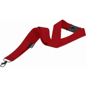 A red lanyard with a clasp, featuring a logo on one side and a sturdy strap for holding items securely.