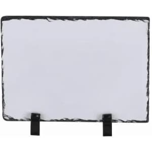 A slate board with a textured black border, featuring two black stand holders at the bottom.