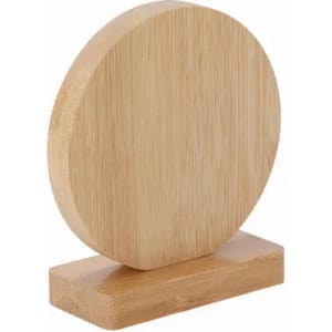 A wooden display stand in a circular shape, featuring a natural bamboo finish with a rectangular base.