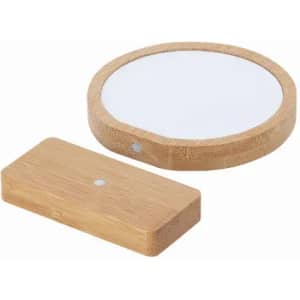 A bamboo tray set featuring a round tray and a rectangular base, both with a natural finish.