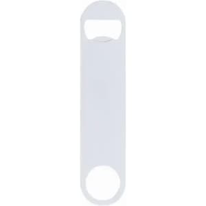 A drink bottle in white, featuring a simple design with a bottle opener incorporated into the top.