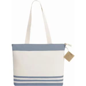 A tote bag featuring a cream body with a blue top and striped detailing at the bottom. It has a shoulder strap and a logo.
