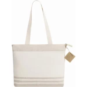 A tote bag in beige and cream with a zip closure and long handles. It has a simple striped design.