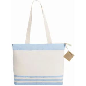 A tote bag in cream with light blue stripes and a zip closure, featuring two handles and a tag.