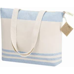 A tote bag featuring a light blue top and beige base with white stripes, complete with a tag and a logo.