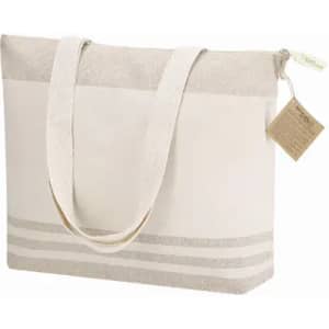 A beige tote bag with cream accents, featuring a logo and a textured top section.