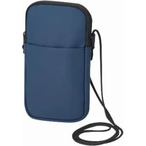 A phone pouch in navy blue with a black trim, featuring a strap and a front pocket. It has a logo on the front.