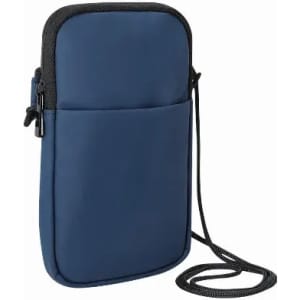 A navy blue phone pouch with a strap, featuring a front pocket and a zip closure. It has a logo on the front.