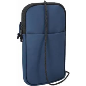 A navy blue phone pouch with a zippered closure and an adjustable strap for carrying. It features a logo.