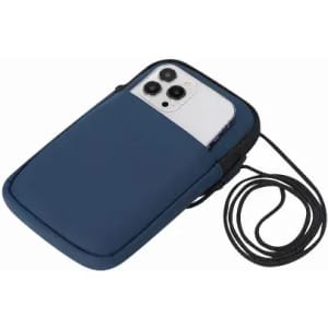 A phone case in navy blue with a pouch for a smartphone and a detachable cord. It features a logo on the front.