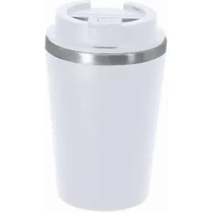A drink bottle in white with a silver band at the top, featuring a lid and a sleek design. There is a logo present.