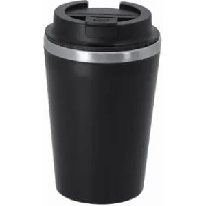 A drink bottle in black with a silver band and a secure lid. It features a sleek, modern design.