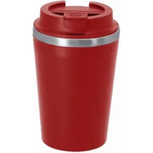 A drink bottle in red with a silver band and a secure lid. It features a branded logo.