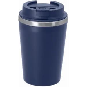 A drink bottle in dark navy blue with a stainless steel band and a secure lid. It features a logo.