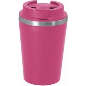 A drink bottle in vibrant pink with a stainless steel band and a screw-on lid. It features a logo.