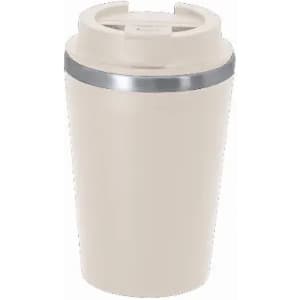 A drink bottle in a light beige shade with a metallic silver band and a secure lid. It features a logo.
