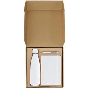 A drink bottle, notebook, and pen in a brown packaging box. The bottle is white and sleek in design.