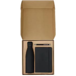 A drink bottle, notebook, and pen presented in a kraft gift box, all in black. The set includes a logo on the bottle.