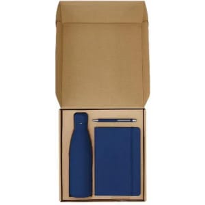 A drink bottle, notebook, and pen in a boxed set, featuring a navy blue colour scheme. The box is brown.