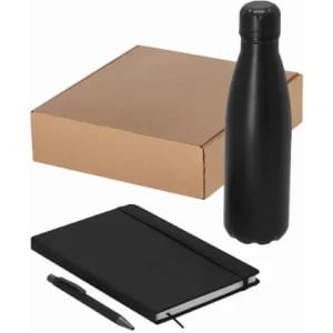 A drink bottle and a black notebook with a pen, displayed on a brown box. The items are all black in colour.