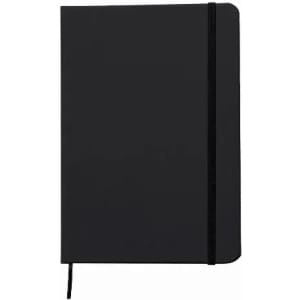 A black notebook with a smooth cover, secured with an elastic band, and featuring a ribbon bookmark.