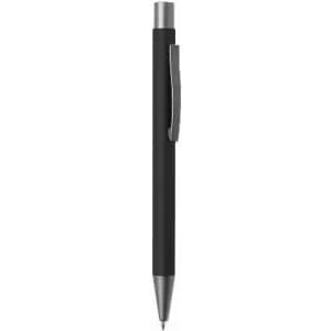 A black ink pen with a silver clip and tip, featuring a sleek design and a minimalist appearance.