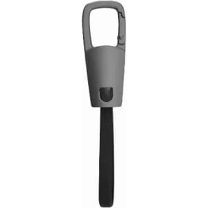 A drink bottle accessory in grey with a black strap and a carabiner-style clip. Features a simple design.