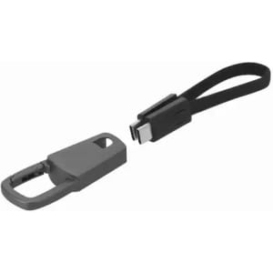 A grey product with a handle and a detachable strap, featuring a branding logo.