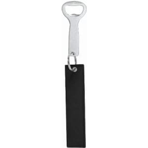 A bottle opener with a silver handle and a black rectangular base, attached by a metal ring.