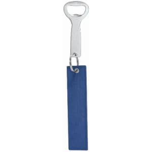 A bottle opener with a blue handle and a metal loop for attachment. It features a branded logo.