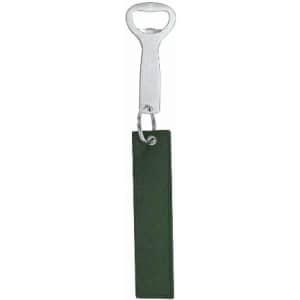 A bottle opener with a silver metal head and a green rectangular handle. It features a keyring attachment.