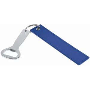 A bottle opener with a silver metal head and a blue leather tag attached via a keyring.