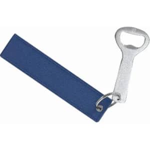 A bottle opener with a silver metal handle and a dark blue fabric grip. It features a keyring for attachment.